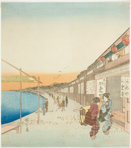 Piétons et boutiques sur le port de Shinagawa - Utagawa Hiroshige