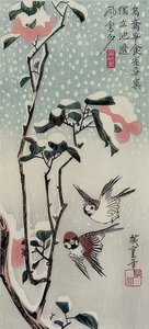 Moineaux et camélias dans la neige