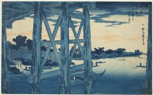 Lune crépusculaire au pont de Ryogoku (Ryogoku no yoizuki), de la série "Vues célèbres de la capitale orientale (Toto meisho)"