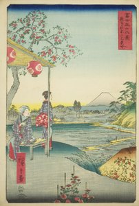 Vue du mont Fuji depuis une maison de thé à Zoshigaya (Zoshigaya Fujimi chaya), de la série "Trente-six vues du mont Fuji (Fuji sanjurokkei)" - Utagawa Hiroshige