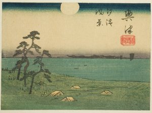 Vue de Shiohama et Kiyomigaseki à Okitsu (Okitsu, Kiyomigaseki, Shiohama fukei), section de la feuille n° 4 de la série "Images découpées de la route de Tokaido (Tokaido harimaze zue)" - Utagawa Hiroshige