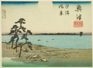 Vue de Shiohama et Kiyomigaseki à Okitsu (Okitsu, Kiyomigaseki, Shiohama fukei), section de la feuille n° 4 de la série "Images découpées de la route Tokaido (Tokaido harimaze zue)"