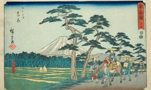 Yoshiwara : La vue célèbre du mont Fuji à gauche (Yoshiwara, meisho hidari Fuji) - N° 15, de la série "Cinquante-trois stations du Tokaido (Tokaido gojusan tsugi)", également connue sous le nom de Tokaido Reisho