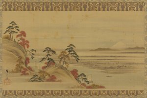Paysage fluvial : feuillage rouge et Mont Fuji, période Edo, milieu du 19ème siècle