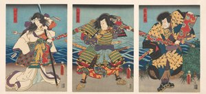 Trois acteurs de kabuki tirant une bannière rouge