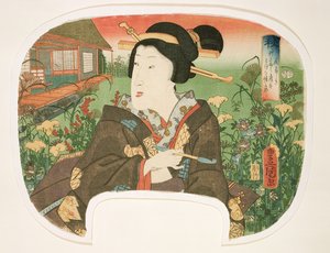 Automne, Hanayashiki : Une geisha avec une pipe, design pour un éventail d