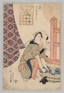 Femme assise lavant des vêtements dans une cuve en bois - Utagawa Kunisada