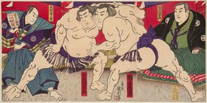 Combat des lutteurs de sumo Umegatani Rodachi et Kimura Shonosuke