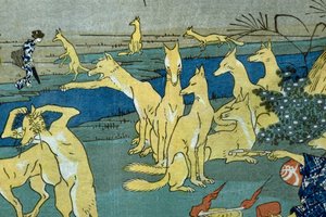 Renards comiques pratiquant le changement de forme (Dōke kitsume henge no keiko), c.1842 - Utagawa Kuniyoshi