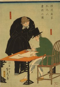 Étrangers à Yokohama rédigeant un contrat dans une maison de commerce