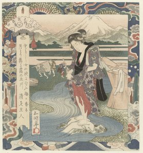 Vrouw wast kleding in de rivier - Utagawa Sadakage