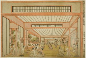 Vues des salles de réception au Japon - Divertissements le jour du rat dans le style moderne (Uki-e wakoku keiseki ozashiki imayo ne no hi no asobi no zu)