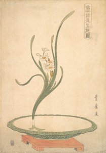 Arrangement floral de narcisses Suisen dans un plat vert plat - Utagawa Toyohiro
