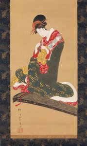 Femme mettant des plectres pour jouer du koto, début du 19ème siècle
