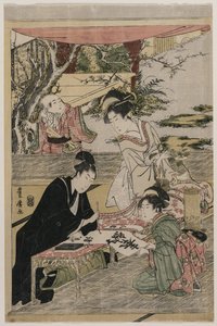 Jeune homme écrivant à une table