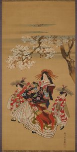 Courtisane avec deux kamuro sous des cerisiers en fleurs - Utagawa Toyokuni