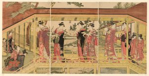 Une procession de femmes tenant des décorations shimadai