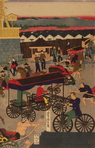 Section florissante de Nihonbashi à Tokyo. Triptyque de Tokyo Nihonbashi han ei no zu - Utagawa Yoshitora