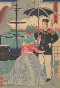 Voiles de retour aux quais [couple américain], 1er mois, 1861 - Utagawa Yoshitora