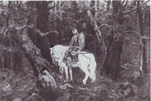 En réflexion (Chevalier à cheval entrant dans une forêt dense) - V.Vasnetsov