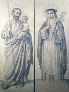 Dessin préparatoire de Sainte Catherine de Sienne et Saint Christophe
