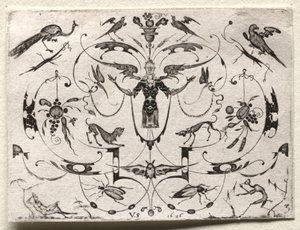 Arabesque avec paon, perruche, chiens et insectes, 1626 - Valentin Sezenius