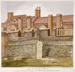 Vestiges du mur de Londres dans le cimetière de St Giles sans Cripplegate, City de Londres, 1825