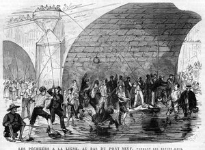 Le pêcheur a la ligne au bas du pont Neuf à Paris en 1868 pendant les basses eaux. Dessin de Desroches - Valnay - Valnay Pere et fils
