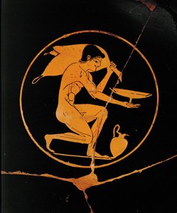 Jeune homme avec une coupe et une outre de vin ...