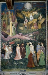 Mois de juin : danse de dames et cavaliers. En bas, traite des vaches et fabrication de fromage avec du lait. Des gens chargés de nourriture sortent du château. Le cardinal Bernardo Cles (1485-1539), le mécène de la peinture refaite par Fogolino, est repré