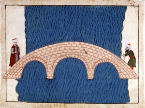 Constantinople. Pont de Galata. Miniature de « Mémoires Turques » (codex Cicogna 1971 « Memorie Turchesche ») Aquarelle de l