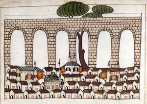 Vue de Constantinople et de son aqueduc. Miniature de « Mémoires turques » (codex Cicogna 1971 « Memorie Turchesche ») Aquarelle de l