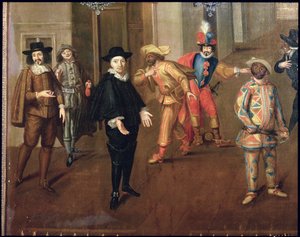 Comédiens italiens et français jouant dans des farces, 1670 (détail)