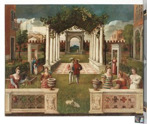 Un jardin architectural classique avec des figures élégantes, un paysage montagneux au-delà - Veronese School