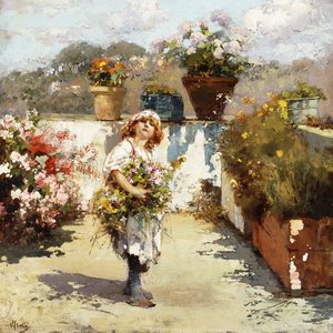 Une jeune fille cueillant des fleurs au soleil