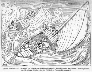 Course de voiliers, bateaux chavirés : « les régates de voile étaient soutenues par un vent fort et frais. Le bateau le Goéland a chaviré en premier, suivi de très près par Monitor... » - dessin de Crafty, dans « Le Centaure ».