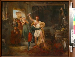 Don Quichotte combattant certaines outres de vin rouge