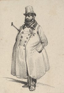 Homme portant un manteau et un chapeau avec une canne sous le bras, milieu du 19ème siècle