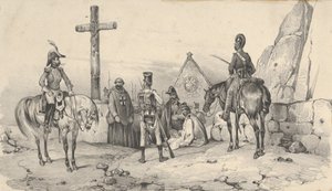 Soldats rassemblés devant une église avec des prêtres et un crucifix, milieu du 19ème siècle