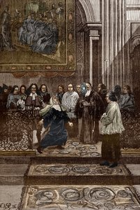 Affaire des possédés de Loudun (démons de Loudun) vers 1630 : « Exorcisme de la mère supérieure possédée du couvent des Ursulines par le prêtre de Chinon, Pierre Barré suite aux événements des « Possessions de Loudun », illustration pour possédés de Loudun - Victor Armand Poirson