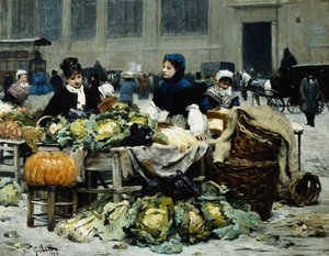 Un étal de légumes, aux Halles Centrales, Paris, 1878