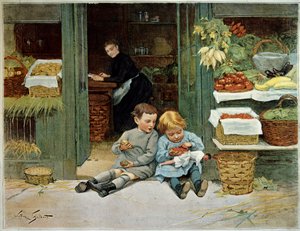 Tour lui. Enfant mangeant du pain grillé devant les courses de leur mère. La petite fille a une poupée sur ses genoux