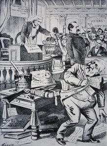 Grover Cleveland (1837-1908) disant la vérité sur sa vie privée, tandis que son adversaire James Blaine (1830-93) est dépeint comme corrompu