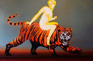 Une femme rayonnante sur un tigre - Victor Tkachenko