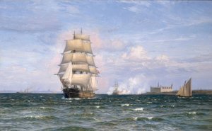 Navire danois devant le château de Kronborg et Helsingør au loin