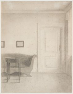Intérieur avec canapé et petite table, à droite une porte - Vilhelm Hammershøi