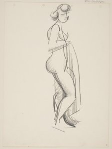 Femme nue debout, profil droit, draperie à la main