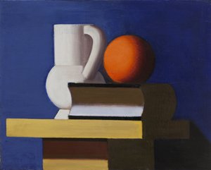 Nature morte avec pot blanc, orange et livre