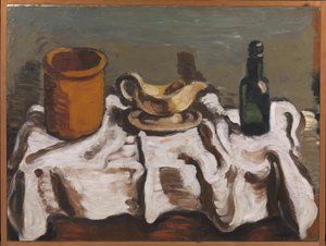 Nature morte avec un pot, une saucière et une bouteille