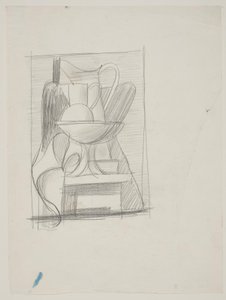 Étude pour une nature morte avec bouteille, pichets, bol de fruits et serviette